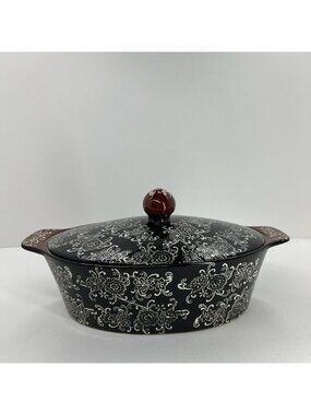 Blue Harbor Rare Ceramic Oval Casserole Dish Covered Baker Lid Oven Safe Black